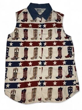 VTG  Quizz Again Cowboy Boot Sleeveless Vest Denim Collar Patriotic Western Sz M